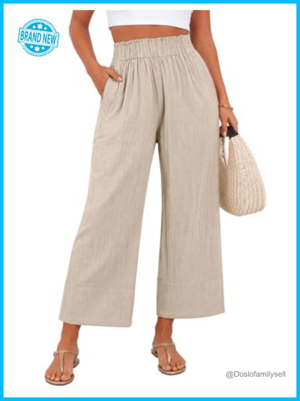 Linen Cotton Wide Leg Cropped Palazzo Pants with Pockets